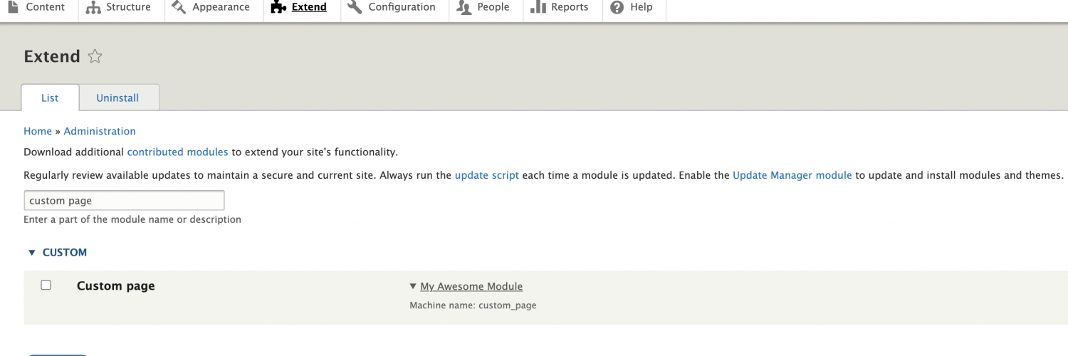 Custom page module showing on Drupal's extend page.