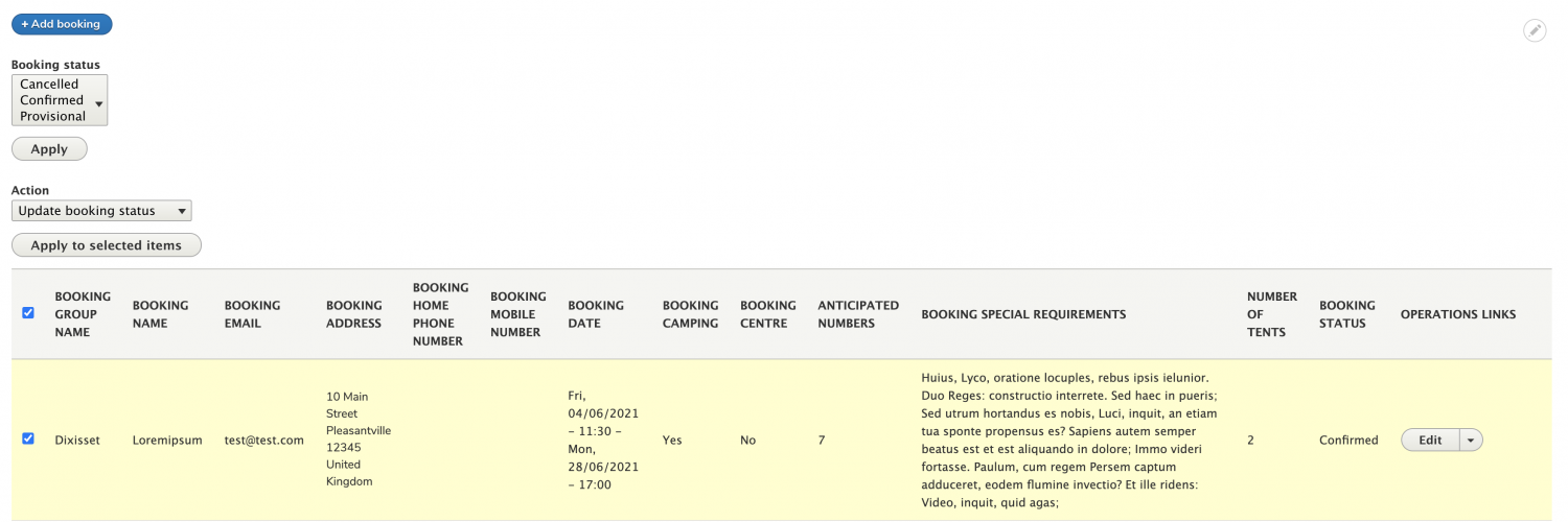 Image showing selected booking and selected action of change booking status