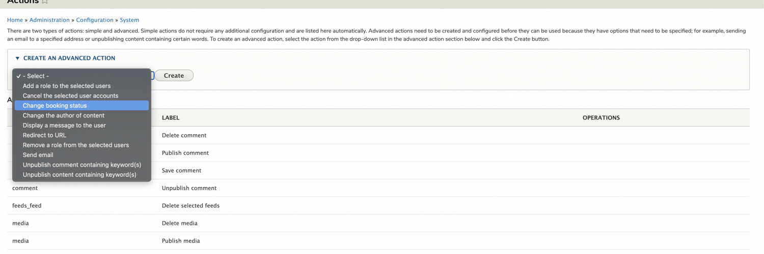 Image showing actions module config page