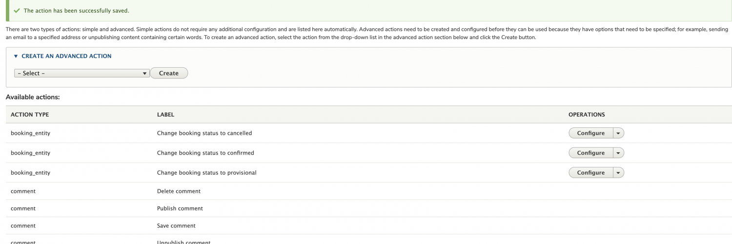 Screenshot showing actions listing page once actions has been configured