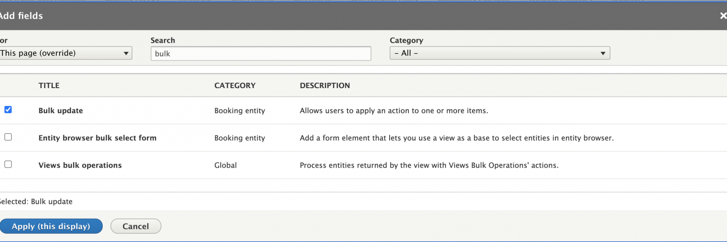 Screenshot of adding the bulk update form to the view so that the actions can be used.