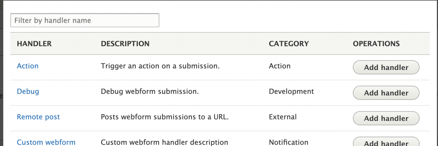 Contact webform add handler modal screen