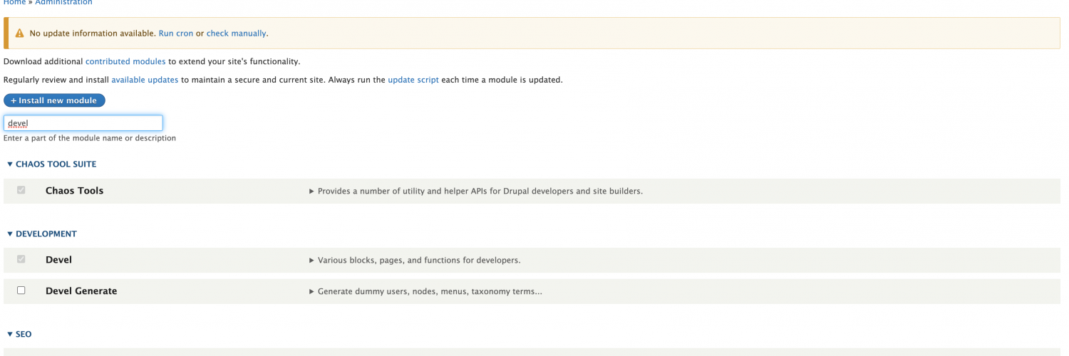 Modules page showing modules with the word devel listed